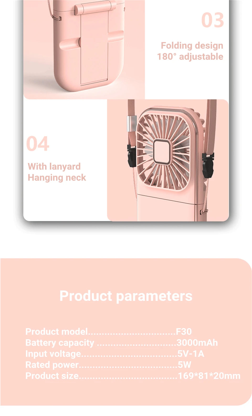 3000mAh Battery Handheld Outdoor Small Fan Portable Small Halterneck Adjustable Speeds Foldable USB Charging Cooling Artifact