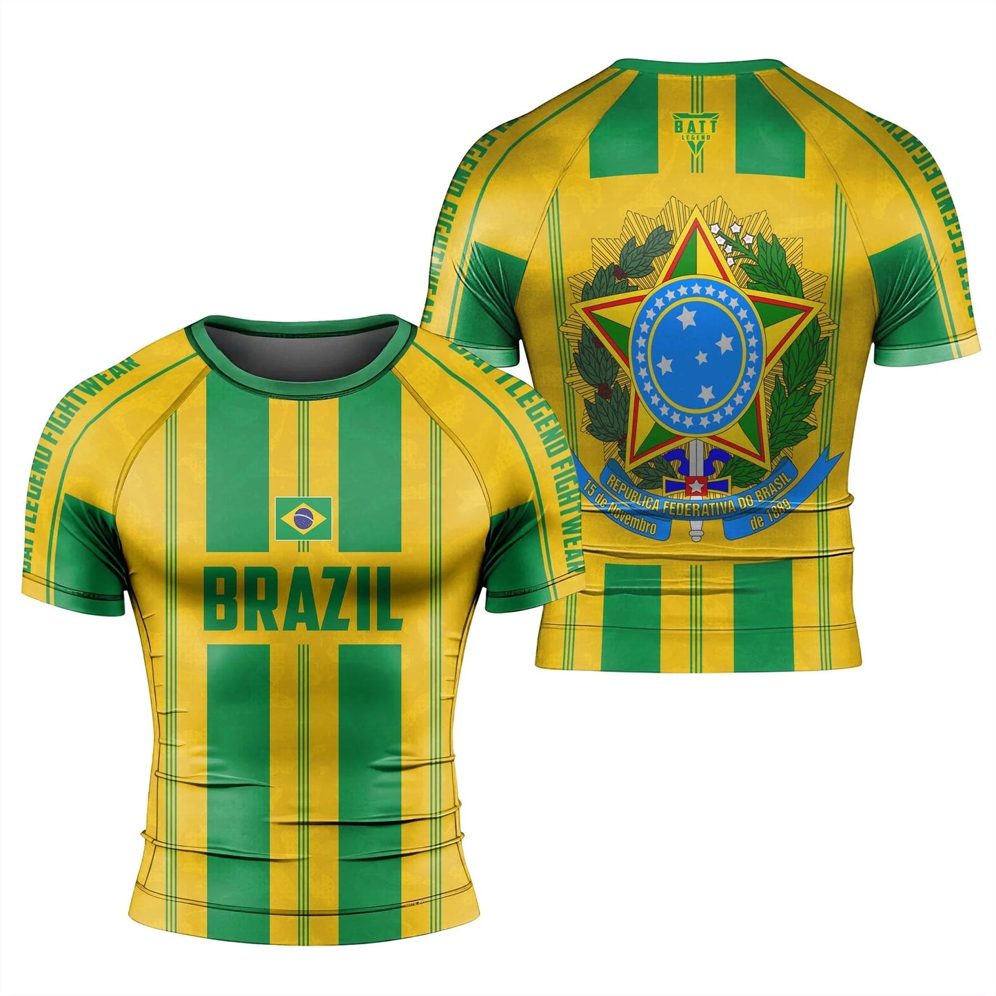 Brazil Jiu-Jitsu Rash Guard,Men Women Short Sleeve Compression Training Shirt with Brazil Flag Print Quick-Drying Sports T-shirt