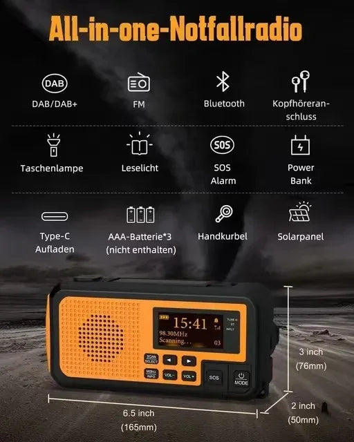 DAB376BT  Crank Radio DAB+FM BT Emergency Radio with 5000 mAh Battery Solar  with Alarm Clock Hand Crank Blackout Emergency  use