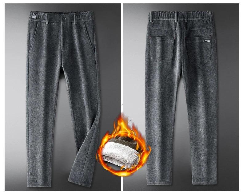 Casual Pants Men Winter New Fleece Business Elastic Waist Slim Korean Warm Thick Brushed Plush Trousers Male 28-38