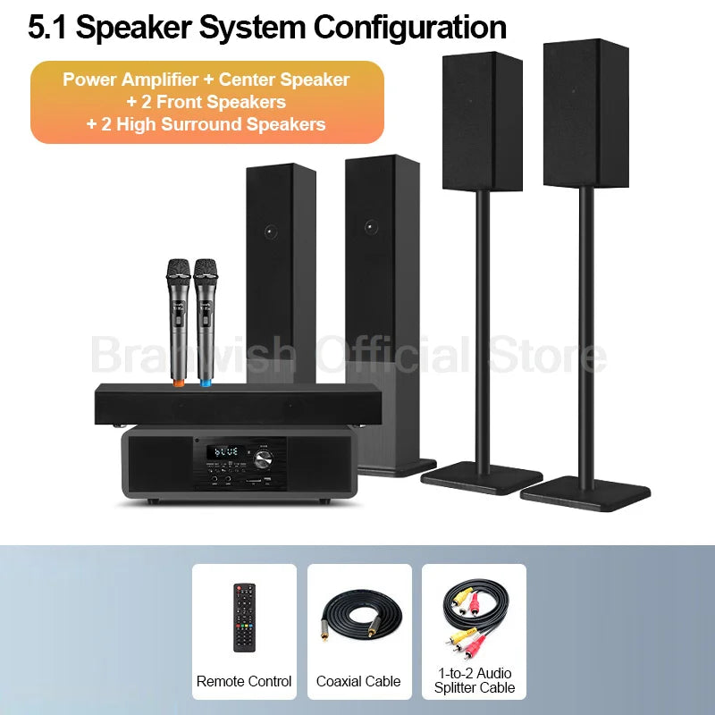 5.1 Channel Home Theater System 200W Peak Power Subwoofer Bluetooth 5.0 Wireless Microphone Wall Mount Speakers For Home KTV