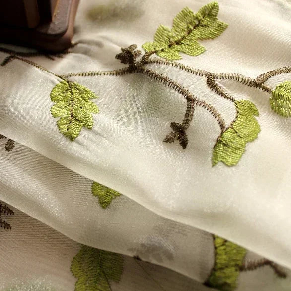 Pastoral Blackout Curtain Green Linen Fabric Window Screen Leaves Embroidered Curtain Tulle for Living Room Bedroom American