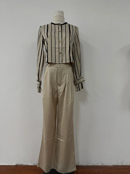 Autumn Korean Fashion High End Long Sleeve Stripe Shirt High Waist Slim Suit Pants Formal Commuter Two Piece Set Women Outfits