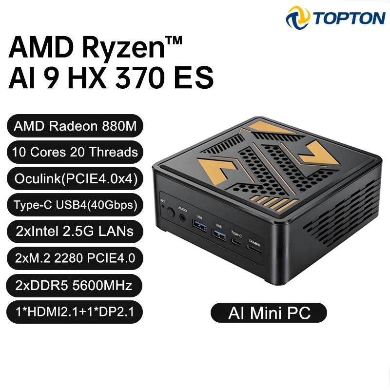 Topton Gaming Mini PC OCuLink AMD Ryzen AI 9 HX 370 ES AI 7 PRO 350 ES USB4 2x2.5G LAN 2xNVMe Desktop Computer Windows 11 WiFi6E