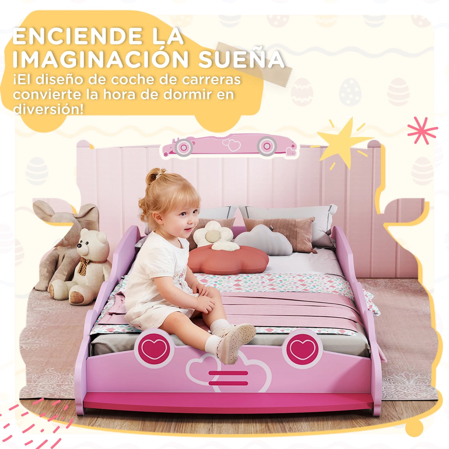Aiyaplay Children's Bed 70X140 cm with Anti-Fall Barrier and Pink Car-Shaped Headboard Base
