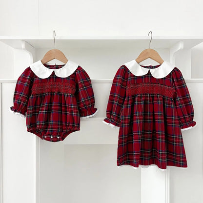 New Year's Party Clothes ﻿Christmas Toddler Kids Baby Girls Clothes Sister Matching Xmas Bodysuit Dress Outfits Red Plaids Sets