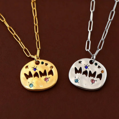 Mother's Day Thanksgiving Pendant Necklace Colorful Full Zircon Irregular Round Letter Mama Stainless Steel Paperclip Necklace