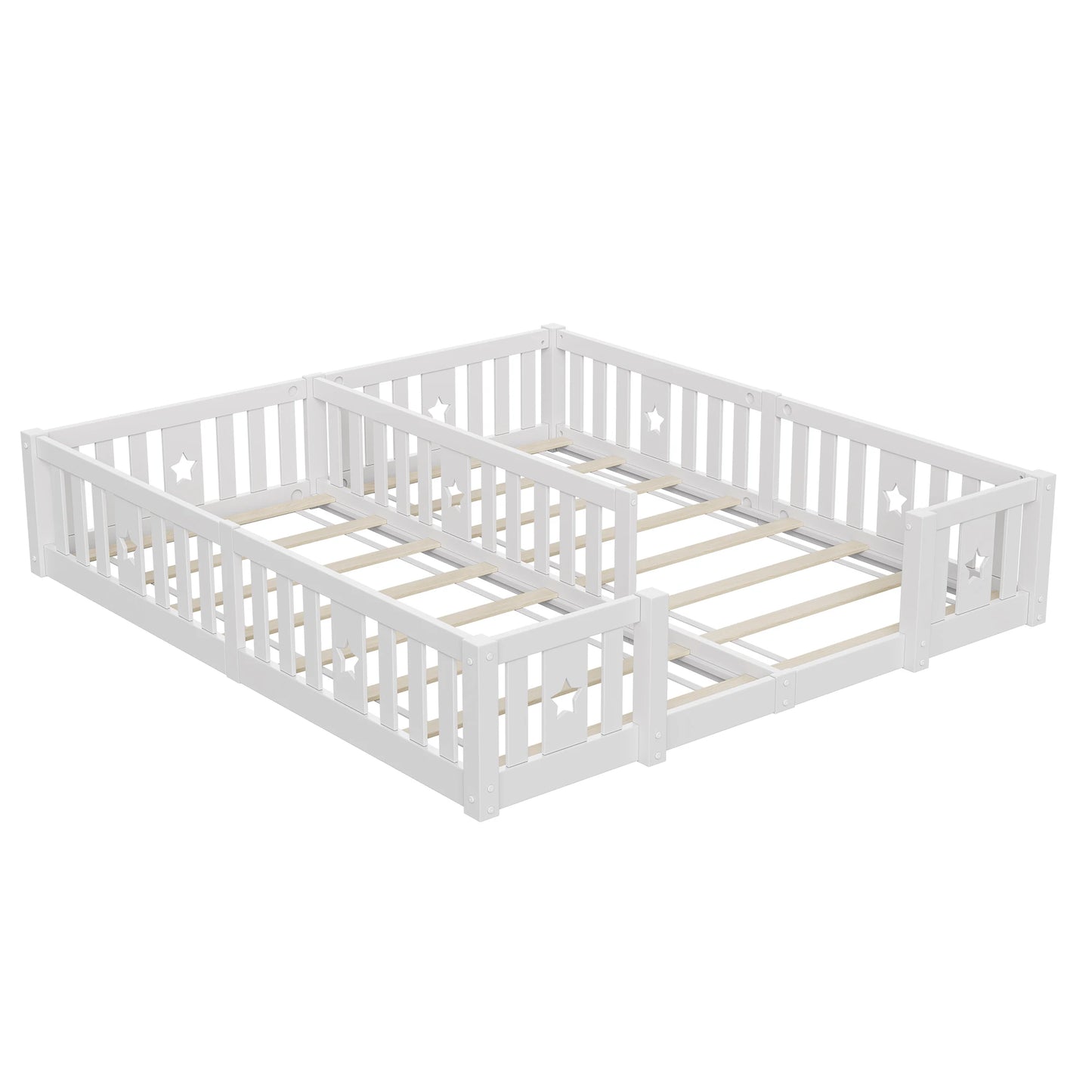 Rosahqnda Children's Bed Floor Bed 90x200cm with Railing Gate,Pine Wooden Bed for Families with 2 Children,Children's Twin Bed