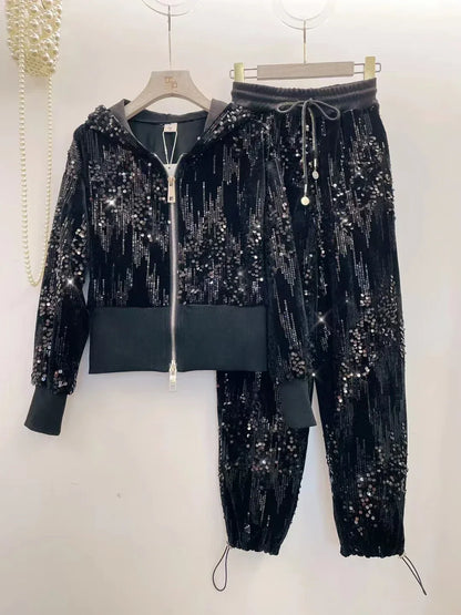 Fashion Pink Casual Suit for Women Autumn Winter New Gold Velvet Sequins Pearl Embroidery Sweatshirt Sports Pants Two-Piece Sets