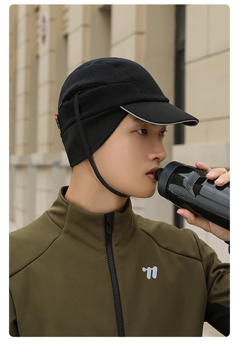 WEST BIKING Winter Cycling Cap With Brim Windproof Warm Sports Cap High Elastic Fleece Hiking Running Hat Cycling Equipment