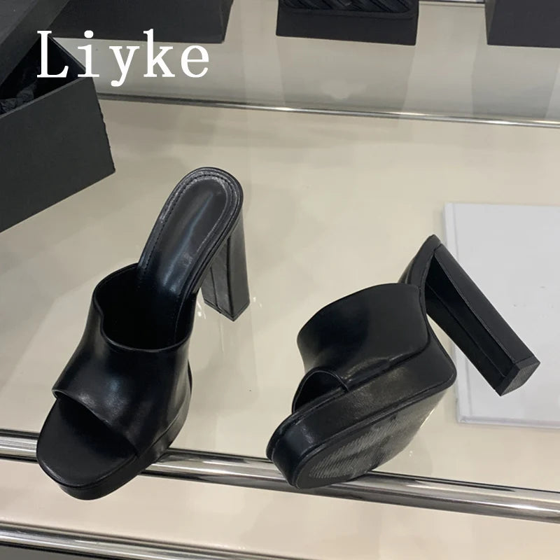 Liyke Sexy Thick High Heels Platform Slippers Black White Cozy PU Leather Open Toe 12CM Women Shoes Sandals Pumps Zapatos Mujer