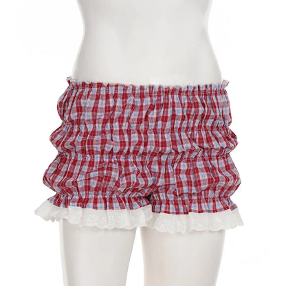 HLJ&GG White Knit Letter Fashion Y2K Outfits Women O Neck Sleeveless Slim Crop Top + Lace Plaid Shorts Two Piece Sets Streetwear