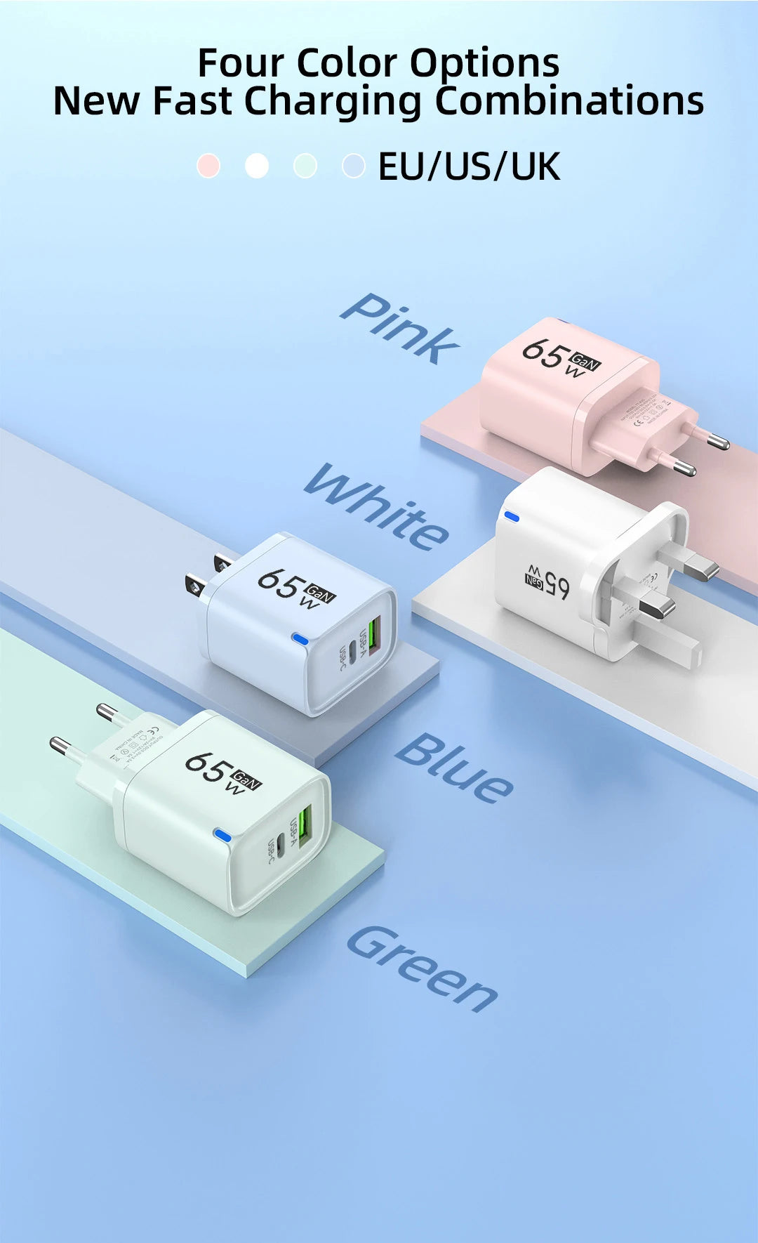 GaN 65W USB C Charger 3 Ports Quick Charge 3.0 QC3.0 Fast Charger Travel Wall Adapter for iPhone Samsung Xiaomi Huawei EU UK US