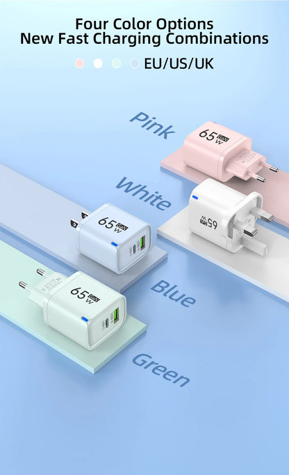 GaN 65W USB C Charger 3 Ports Quick Charge 3.0 QC3.0 Fast Charger Travel Wall Adapter for iPhone Samsung Xiaomi Huawei EU UK US
