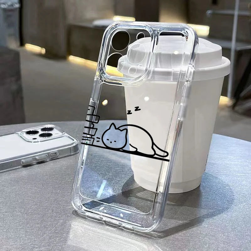 Luxury Shockproof Soft TPU Clear Phone Case For iPhone 17 11 12 13 14 15 16 Pro Max 16 Plus 16E 17 Air With Cute Line Cat Cover