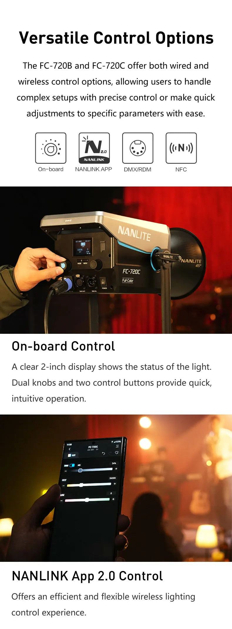 Nanlite FC-720B FC-720C Bowens Mount Video COB Fill Lighting Smart APP Control Bi-color / RGB 2 Version Available for Filmmaking