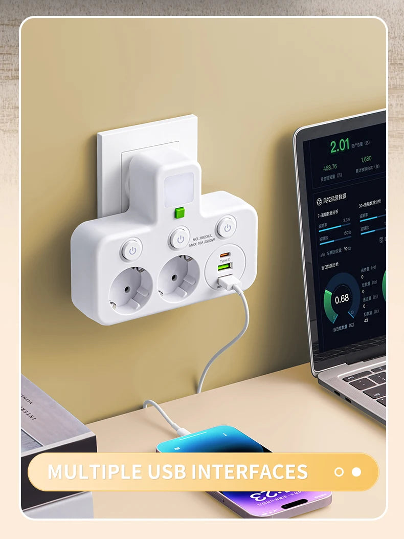 EU plug AC socket power board multi-layer wall socket universal network filter, with or without USB independent switch light ada