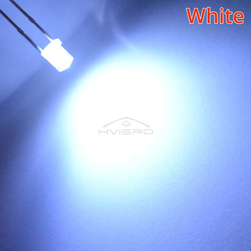 100Pcs F3 3mm 2pins Flat White Red Yellow Blue Green Pink Diode Led Wide Angle Light Emitting Diodes Lamp Ultra Bright LED Bulbs
