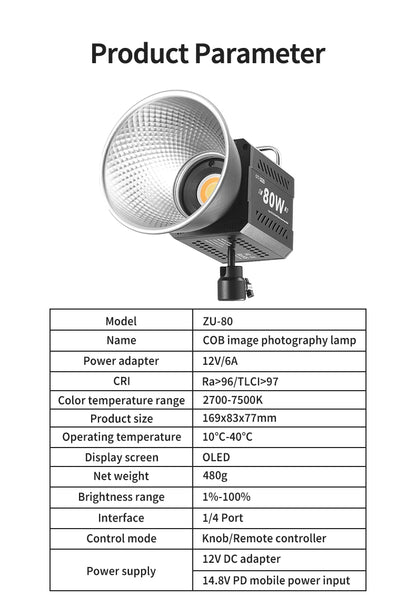 MIAOTU ZU-80 MINI Photography Light LED Live COB Fill light 2700-7500K Professional Video Portable Lampshade Mini Bowens Mount