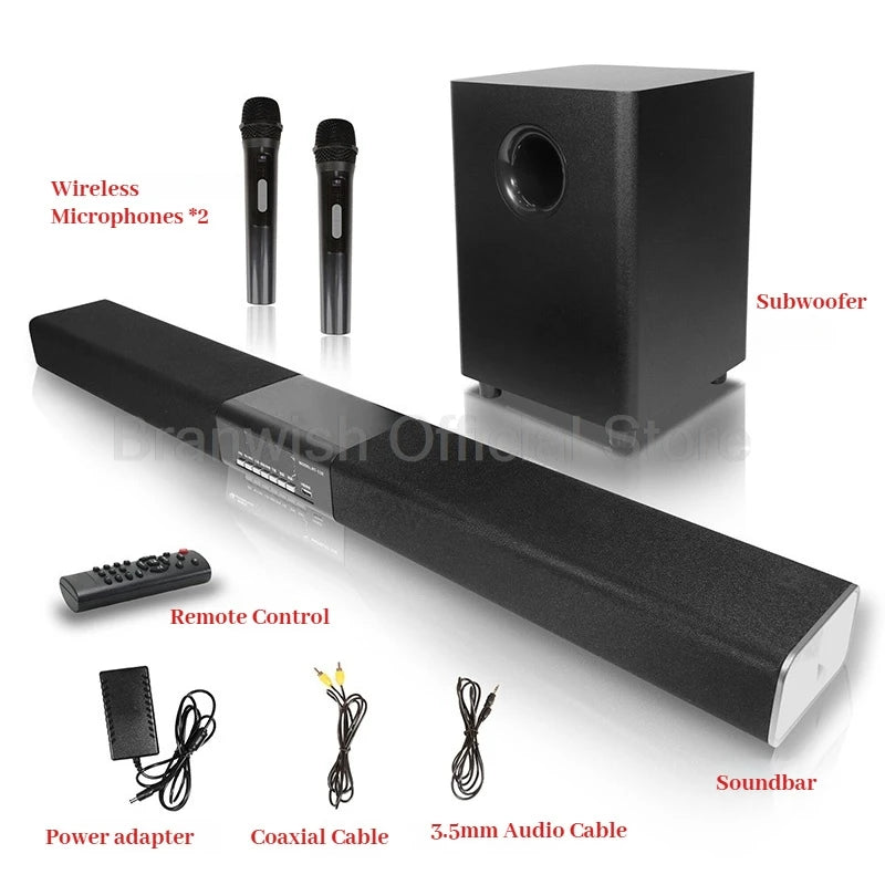 Powerful Bass 2.1 Soundbar With Subwoofer Wireless Karaoke Microphone Bluetooth 5.3 Home Theater Audio For TV Projector Home KTV