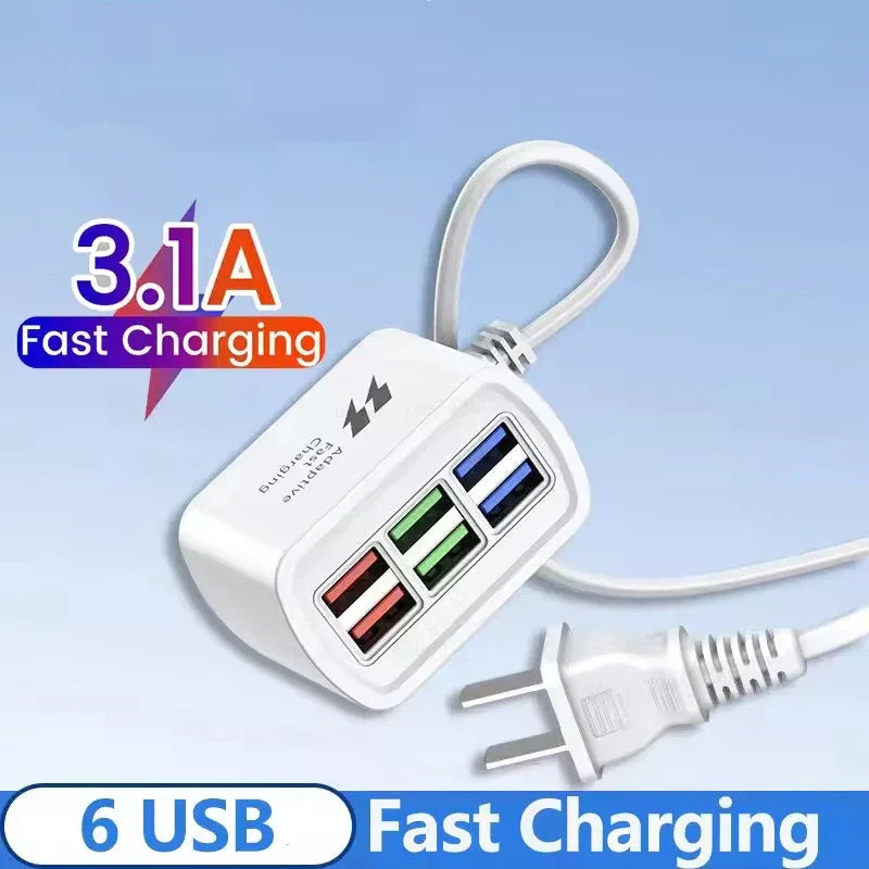 Fast Charging Desktop Power Strip 6-in-1 USB Charger Station with 1M Cord Quick Charge for iPhone 16 17 Samsung Xiaomi Huawei