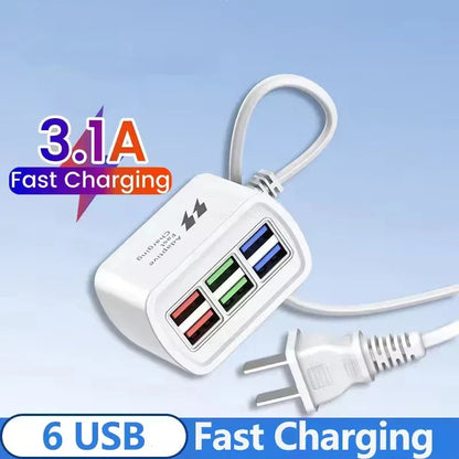 Fast Charging Desktop Power Strip 6-in-1 USB Charger Station with 1M Cord Quick Charge for iPhone 16 17 Samsung Xiaomi Huawei