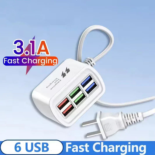 Fast Charging Desktop Power Strip 6-in-1 USB Charger Station with 1M Cord Quick Charge for iPhone 16 17 Samsung Xiaomi Huawei