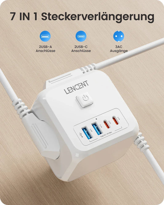 LENCENT 3 compartment USB socket sockets adapter multiple socket sockets bar dice with 2 USB A & 2 Type-C ports