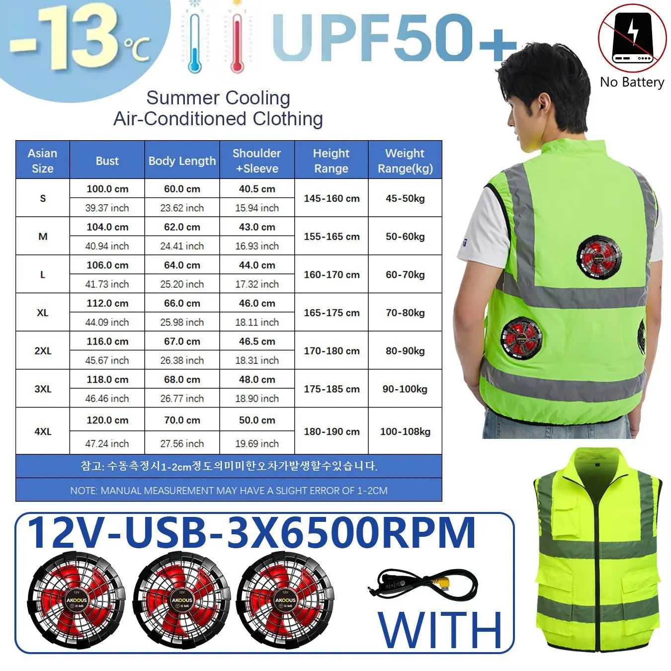 AKOOUS 6500 RPM 12V/5V USB 3-Fans Cooling Vest Air Conditioned Clothes Men Women Outdoor Work Fishing Body Cooling Jacket