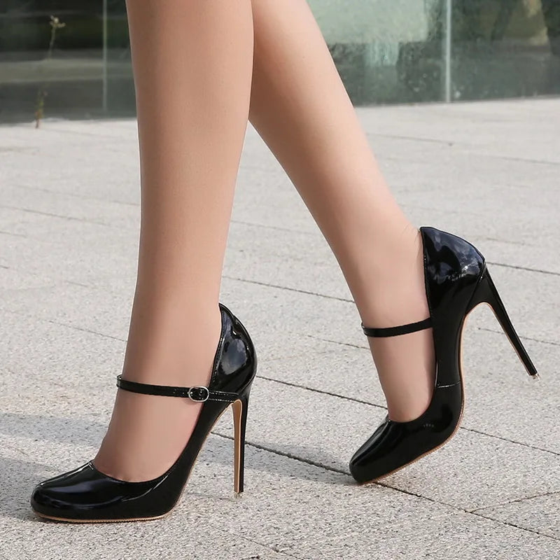 Women Patent Leather High Thin Heel Shoes Ankle Strap Women Pumps for Office Nightclub Party Wedding Cross Dressing Wide Shoes
