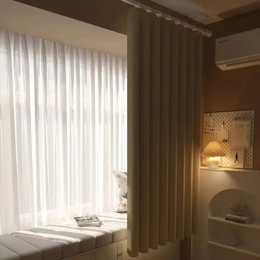 1Pcs Full Blackout Partition Blackout Curtain Polyester Fabric Beige Window Door Curtain High Shading Protection by PDG ibma