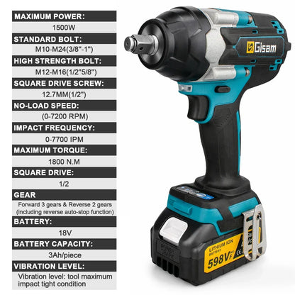 Gisam 1800N.M Torque Brushless Electric Impact Wrench 1/2 inch Screwdriver Cordless Wrench Power Tool For Makita 18V Battery Pin