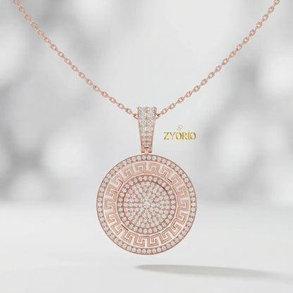 Gold Plated Greek Key Diamond Medallion Link Chain Pendant Luxury Engagement Wedding Anniversary Party Jewelry
