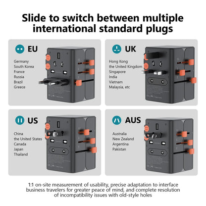 65W/45W/25W GaN Universal Travel Adapter with 2 USB 2 Type C Fast Charging All-in-one Travel Charger EU/UK/USA/AUS for Travel