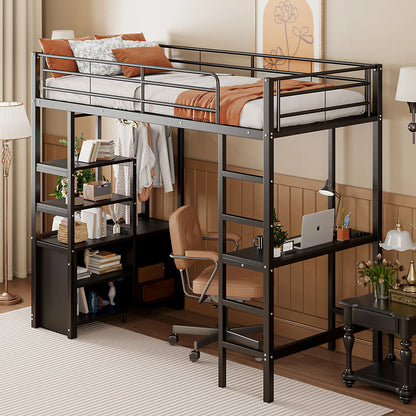 High bed 90 × 200 cm with crash protection, child bed with desk & USB, youth bed with shelves & open storage cabinet