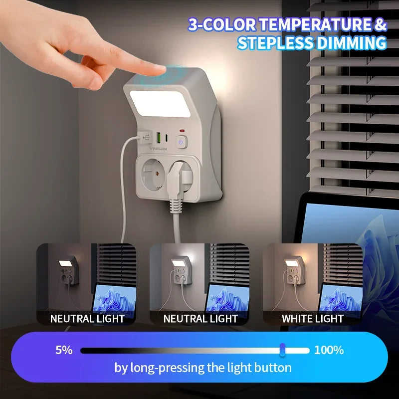 Wall Socket Power Strip with 2 AC Outlets 2 USB Ports 2 Type-C EU Plug Charger Electrical Switch For Home Power Socket
