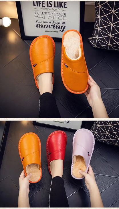 Cotton slippers for men and women at home anti slip and warm indoor Home leather cowhide slippers in winter 2023