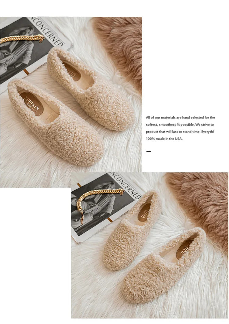 Big Size 43 Women Lambswool Slippers Winter Sheep Fur Shoes Ladies Flat Cotton Slides Home Pantuflas Daily Slip On Furry Mules