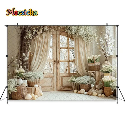 Mocsicka Spring Easter Background Photography White Retro Door Colorful Egg Floral Backdrop Maternity Newborn Photozone Studio