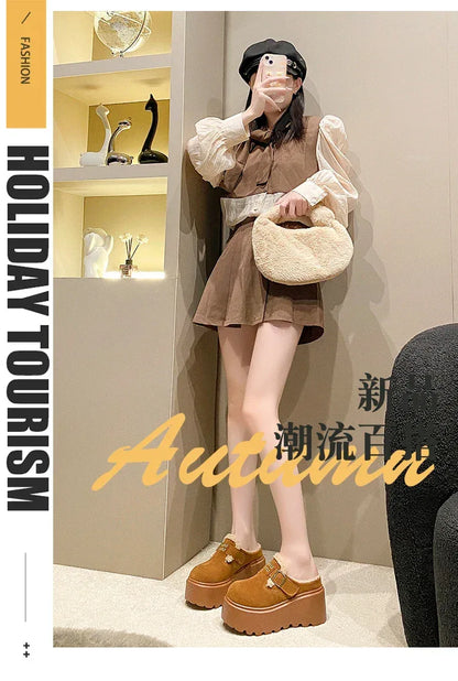 Platform High Heels Slippers Women Suede Mules Shoes Fur Warm Wedges Flip Flops 2025 Winter New Snow Boots Fashion Zapatos Mujer