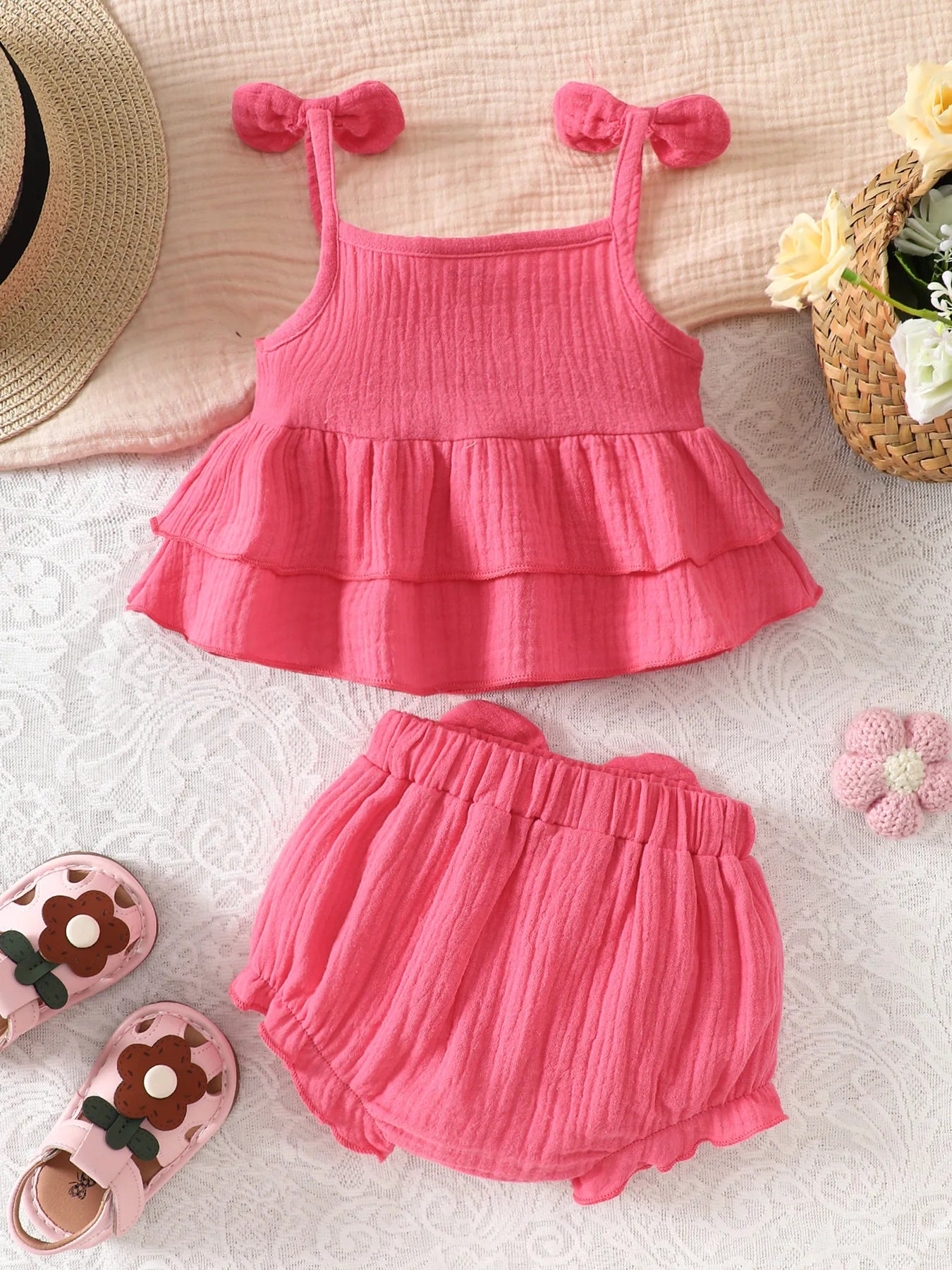 Baby Girl Bow-Knot Suspender Top with Ruffles + Bow-Knot Shorts Set, Cute and Breathable Two-Piece Summer Set