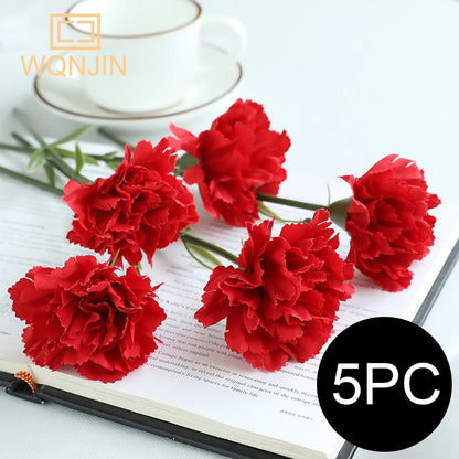 5PCS,Red Carnations Artificial Silk Flowers Bouquet Wedding Party Home Decorations Fake Flowers Photo Props Mother's Day Gift