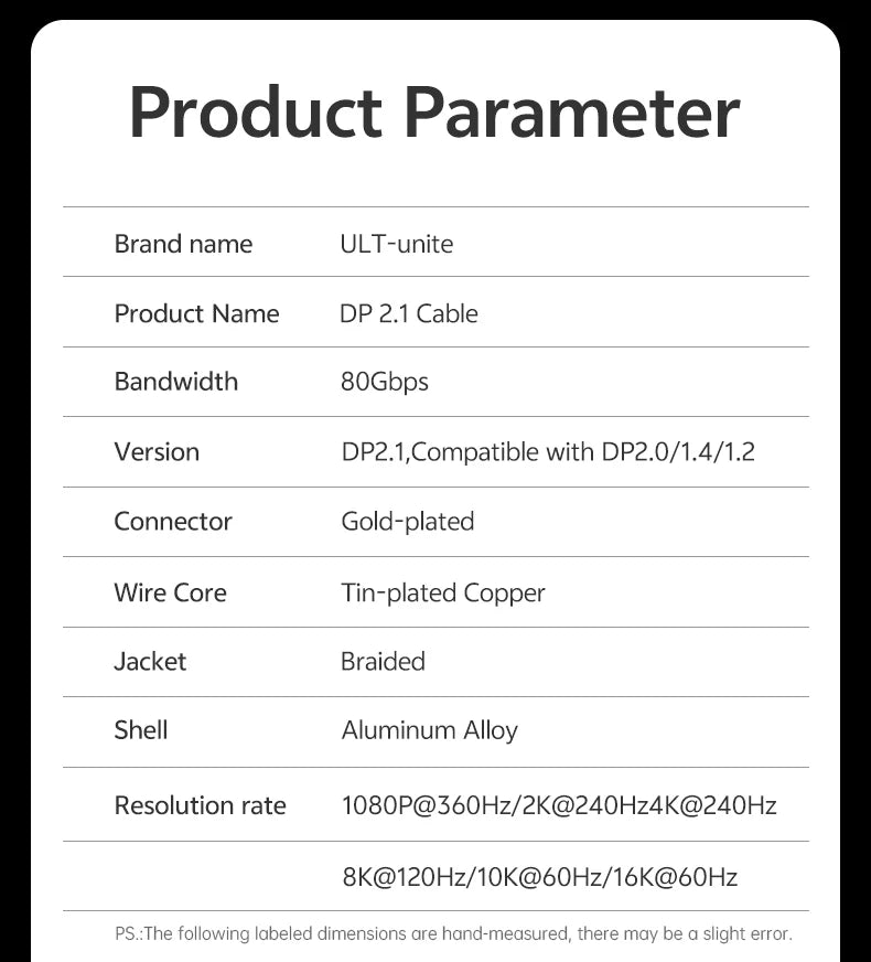 DP 2.1 Cable VESA Certified 16K DisplayPort Cable 3m 80Gbps 8K120Hz FreeSync G-Sync VRR Display Port Cord for AMD RX7000