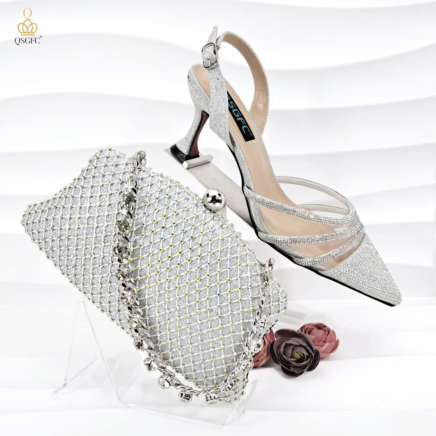 QSGFC African Women's Fashion Crystal Square Button Pointed High Heels Water Diamond Shiny Wine Color Sandal Bag Set