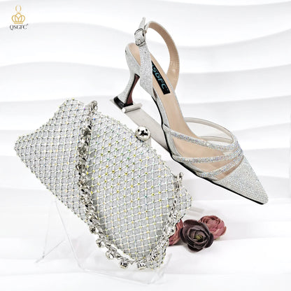 QSGFC African Women's Fashion Crystal Square Button Pointed High Heels Water Diamond Shiny Wine Color Sandal Bag Set