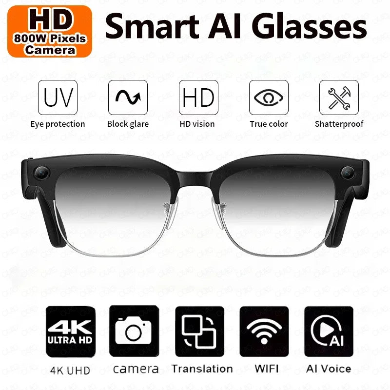 Lunettes intelligentes avec traduction IA, caméra HD 8 mégapixels, stabilisation optique de l'image, double microphone et réduction du bruit.