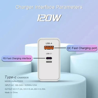 120W Type C USB Phone Charger Fast Charging Data Cable Mobile Phone Power Adapter For iPhone Xiaomi Huawei Samsung Wall Charger