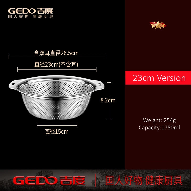 LFGB Certification Kitchen Fruit Vegetable and Rice Washing Basin 23~31cm Diameter Dense Drainage Hole Colander with Side Handle