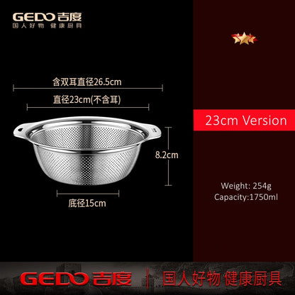 LFGB Certification Kitchen Fruit Vegetable and Rice Washing Basin 23~31cm Diameter Dense Drainage Hole Colander with Side Handle