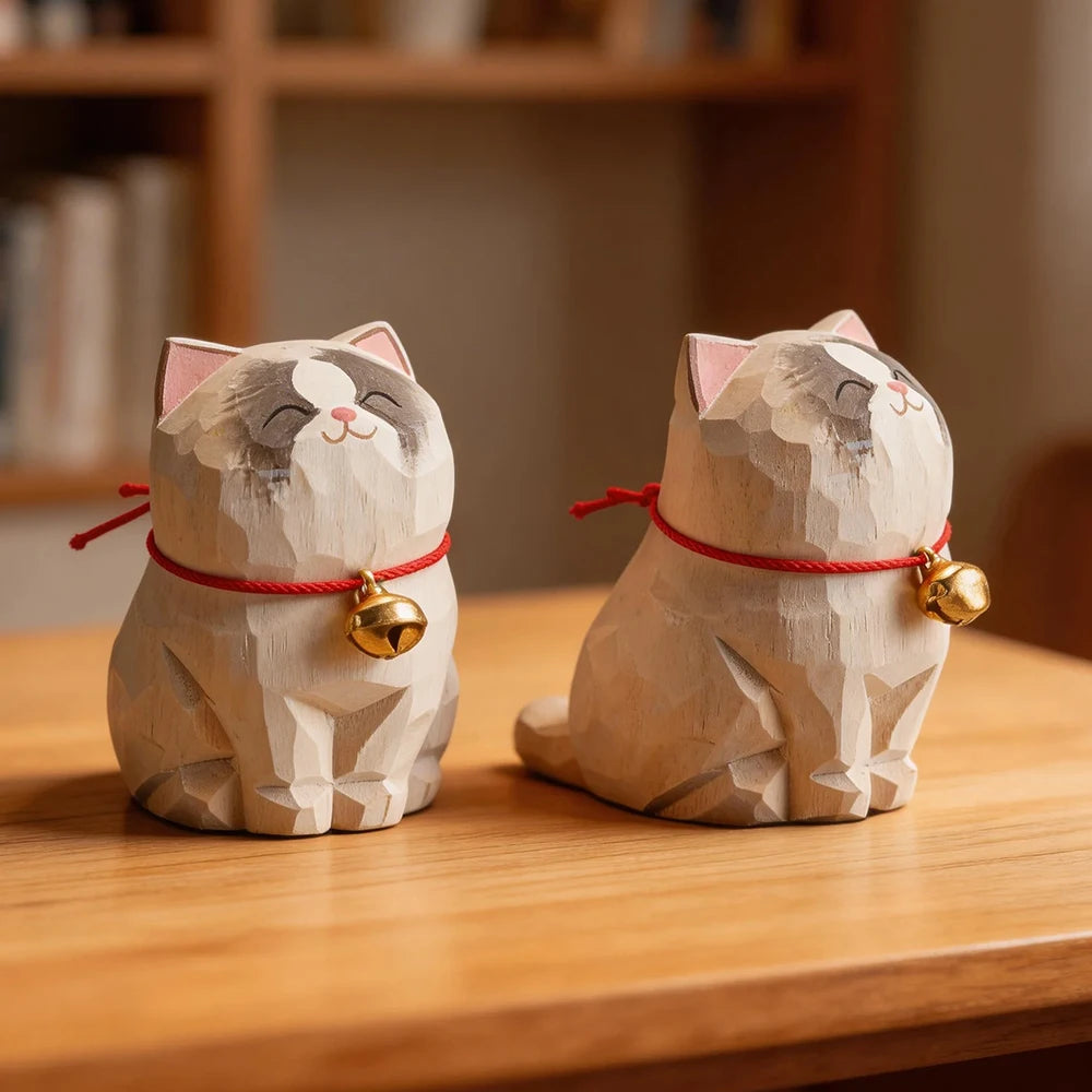 Cute Cat Animals Figurine Decorative Wooden  Ornament Kitten Statue Calico Golden gradient cat Home Office Desk Car Decor Gift